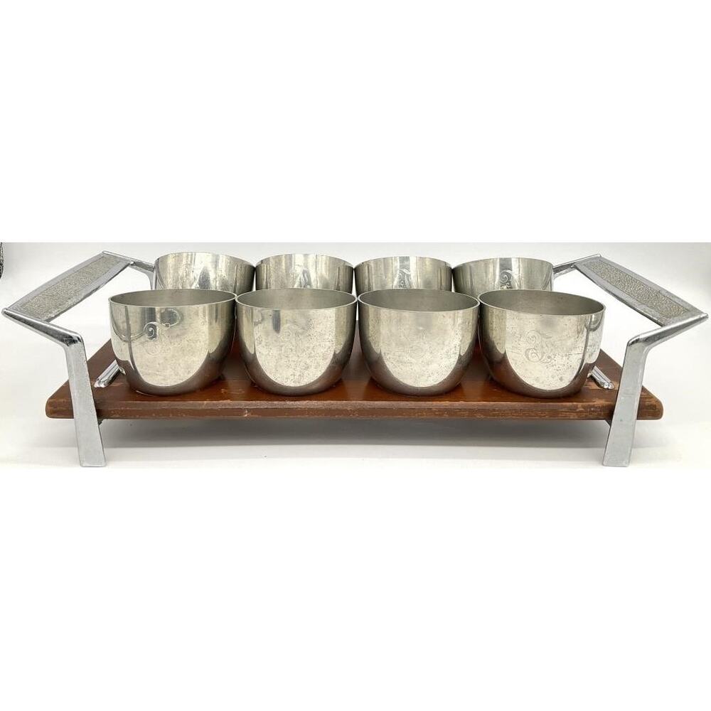 Vintage MCM Mid Century Set of 8 Pewter Jefferson Cups & Tray Web Pewter 1101